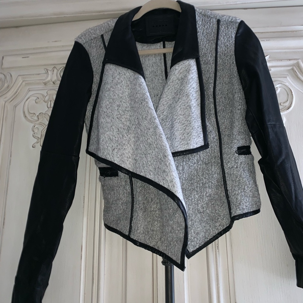 Blank NYC Vegan Leather Jacket Gray Knit Detail